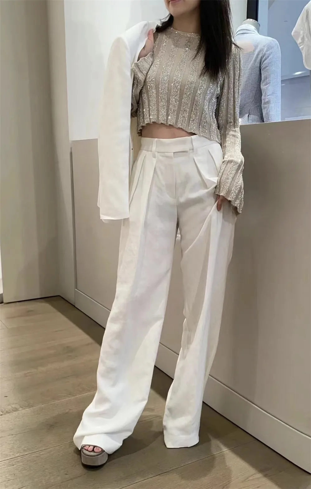 Women's Clothing 2 Piece Set White Suit Coat +High Waisted Wide Leg Pants Elegant  Suit Spring/Summer new