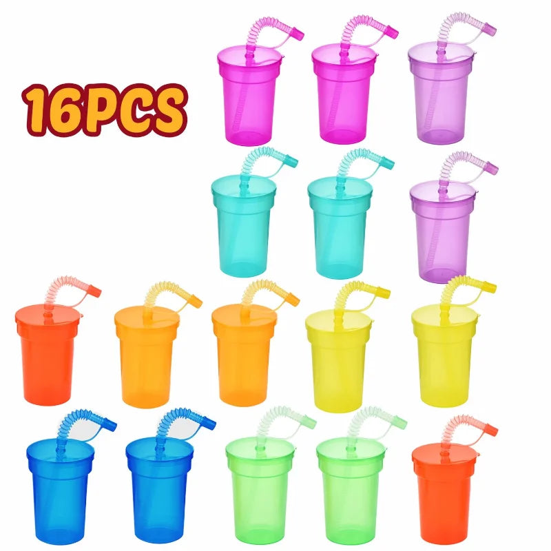8/16/24pcs Neon Sipper Cups, Spill-Proof Cups with Lids and Straws - Ideal for School Events, Themed Parties, and Birthday Party