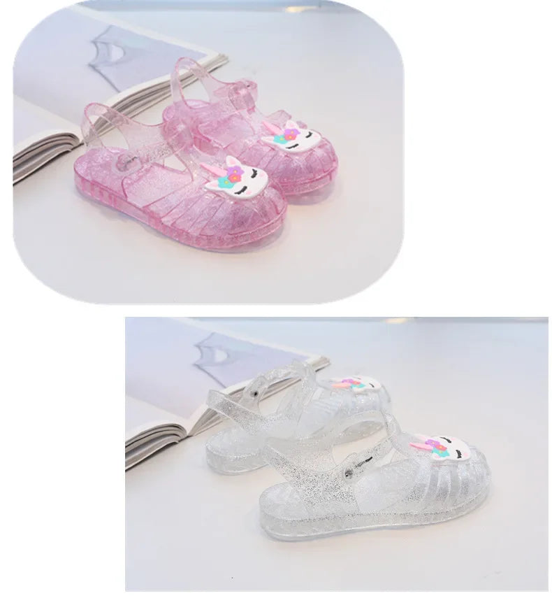 New Child Sandal Cute Girl Boy Beach Cave Shoe Transparent Glitter Jelly Crystal Kid Princes Shoe Breathable Roman Beach Sandal