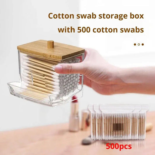 1set Transparent Acrylic Wood Cover Cotton Swab Box With 500 Cotton Swabs Cosmetic Cotton Storage Box