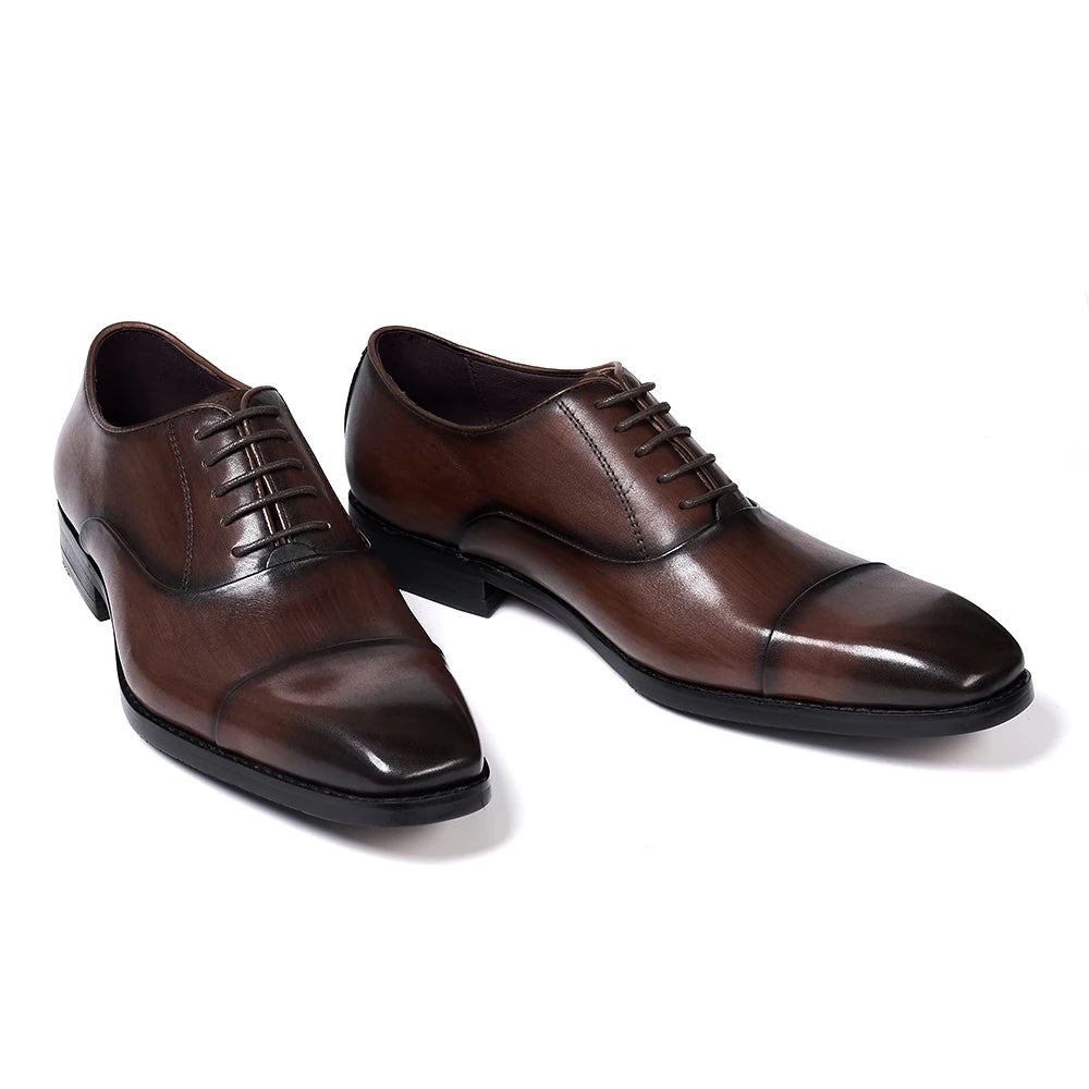Men's Classic Lace-Up Oxfords Genuine Leather Luxury Office Shoes Solid Cap Toe Wedding Party Formal Dress Footwear for Men