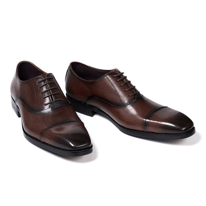 Men's Classic Lace-Up Oxfords Genuine Leather Luxury Office Shoes Solid Cap Toe Wedding Party Formal Dress Footwear for Men