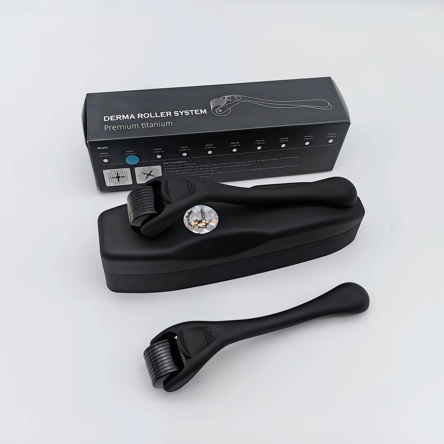 0.25mm Titanium 540 Microneedle Derma Roller for Face Hair Beard Matte Black Handle 540 Microneedle Roller