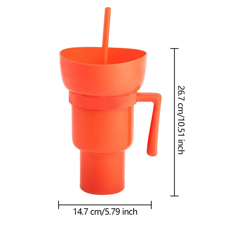 2 in 1 Popcorn Beverage Cup Snack 1000ML Straw Cup with Handle Water Bottles with Straw Coffee Cup Mug Leak-Proof For Kids Adult