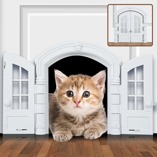 French Cat Door French Pet Free Entry and Exit Double Door ABS Cat Door Dog Door Hole with Door Curtain Cat Door