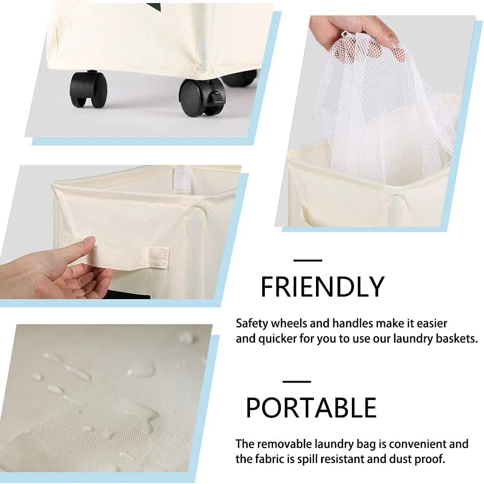 62L Slim Laundry Baskets Organizers Handles Rolling Washing Bin for Bedrooms, Living Room, Bathroom