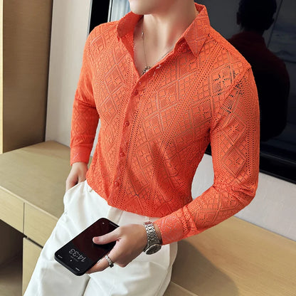 Quality Hollow Shirts For Men Korean Luxury Clothing Fashion Sexy Lace Men's Social Shirt Dress Slim Fit Long Sleeve Prom Tuxedo