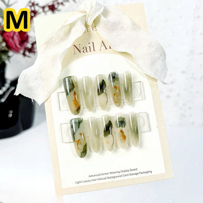 10Pcs Green Chinese Press-on Nails Featuring Lotus Leaf & Koi Crescent Moon and Bamboo Designs Traditional Nail for Women&Girls