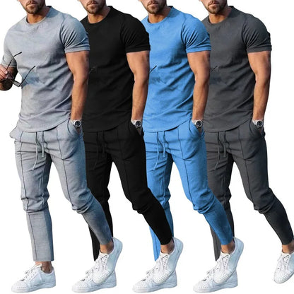 Sports Set Mens Fall 2023 Summer Solid Casual Round Neck Short Sleeve Sports T-shirt Two Piece Set for Men