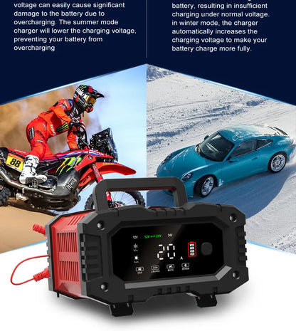 20A/10A Car Motorcycle Battery Charger 12V/24V Smart Charger Lithium AGM GEL Lead-Acid LiFePO4 Battery Chargers