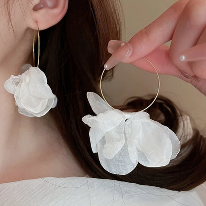 1 Pair Fabric Circles Tulle Pink/white Flower Earrings Fashionable Advanced Temperament New Bohemian Earrings