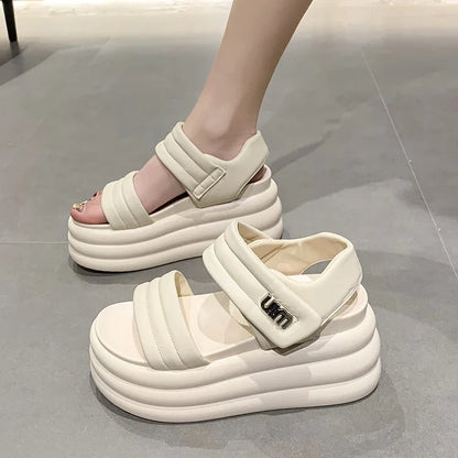 2025 Summer Women Chunky Sandals Leather High Platform Trainers Breathable Casual Slippers Shoes Woman 8.5CM Heels Wedge Sneaker