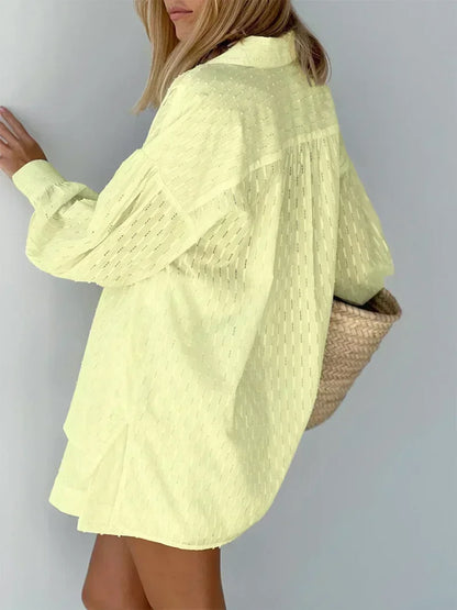 Casual Loose Women Short Two Piece Set Suit Fashion Blouse Long Sleeve Shirt Lady Simple Style Shorts Streetwear Blouse Tops