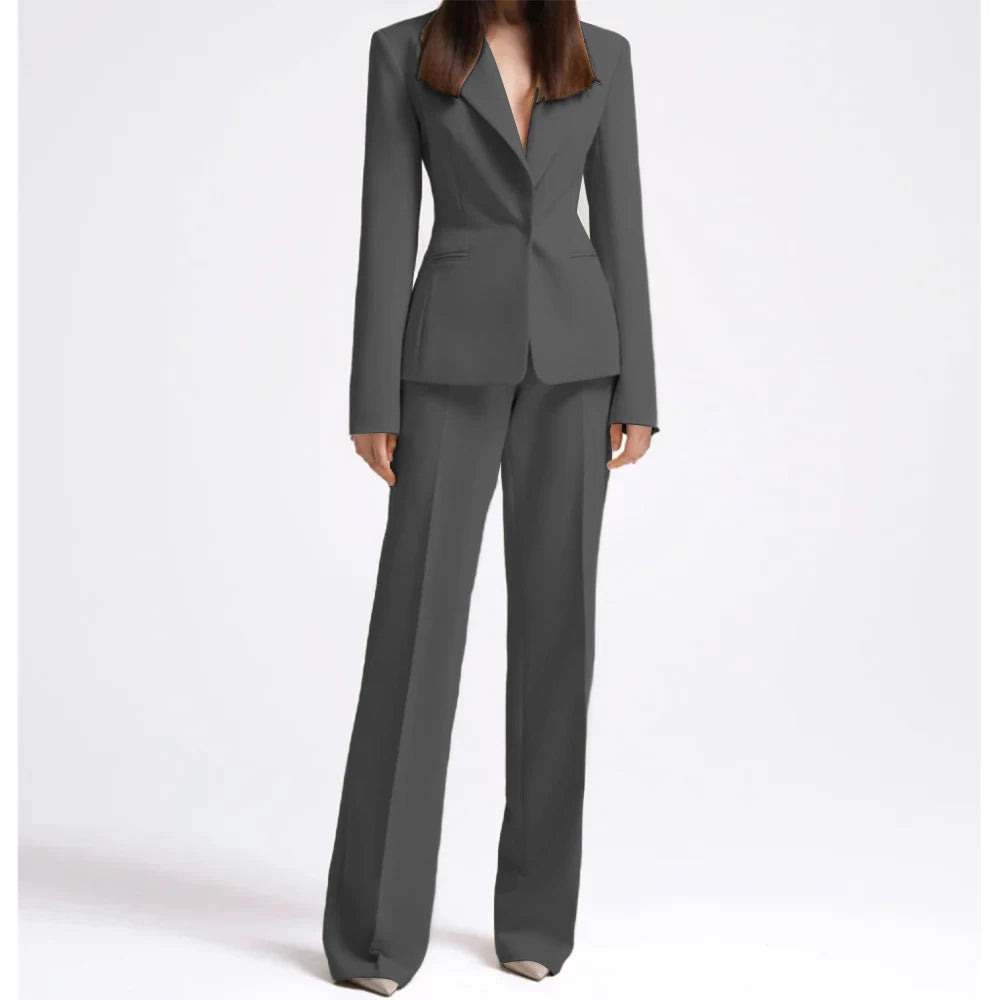 Office Lady Fashion Beige Women Suits One Button Peak Lapel 2 Piece Jacket Pants Slim Fit Smart Causal Conjuntos De Pantalones