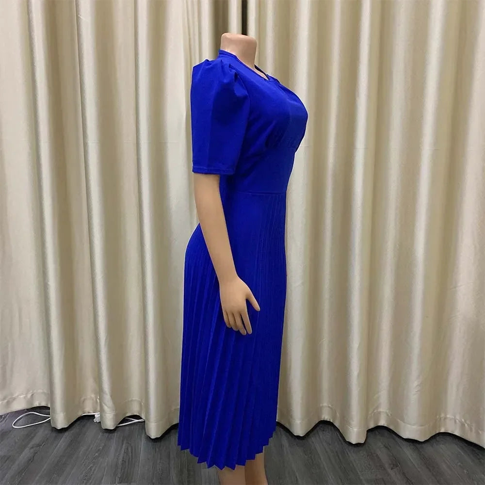 Elegant Office Dresses Pleated Woman 2025 New O Neck Short Sleeve Mid Calf Formal Business Work Wear Dress Midi Vestidos Mujer