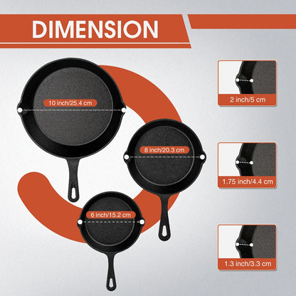 [Durable Cookware] Black Cast Iron Skillet Set - 3pcs, Durable, Dishwasher Safe - Everyday Cookware