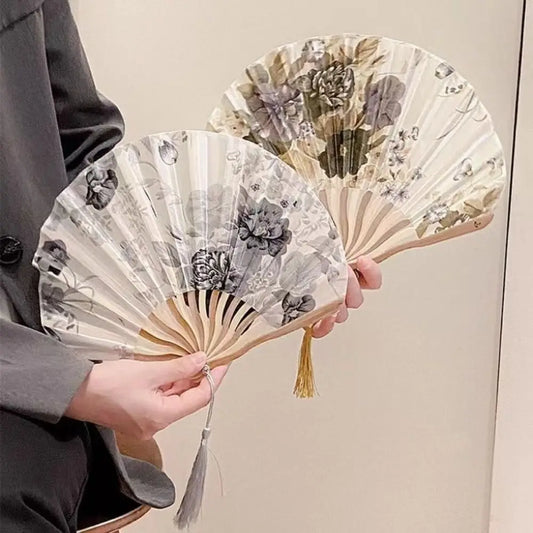 Portable Hand Fold Fan New Chinese Style Dance Props Retro Shell Fan Woman Men Bamboo Wood Silk Flower Folding Fan