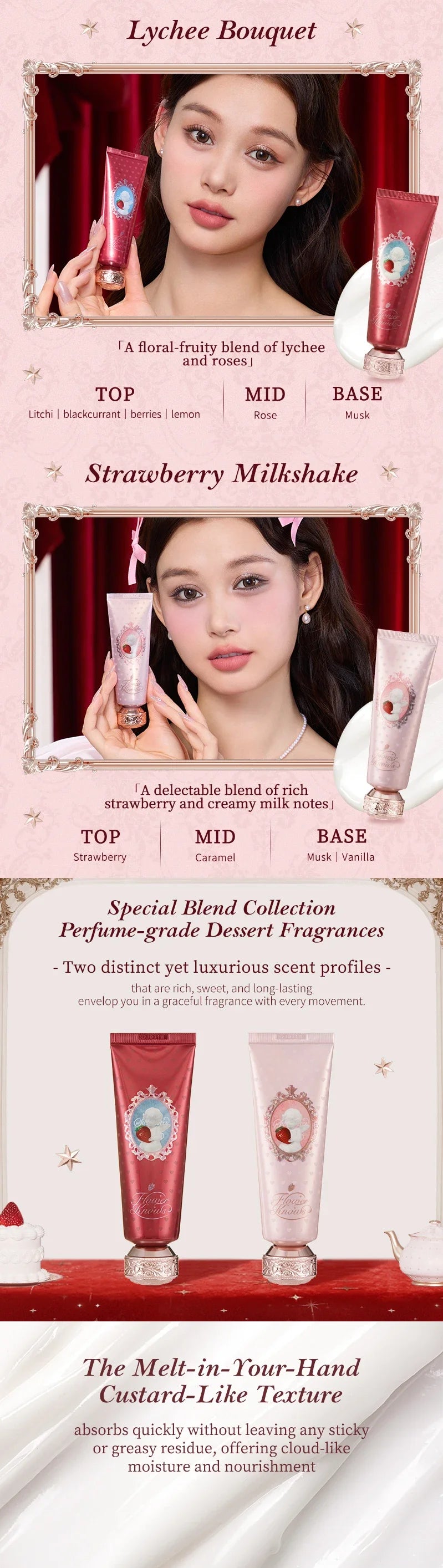 Flower Knows Strawberry Cupid Scented Hand Cream Moisturising & Nourishing Skin Care Lotions For Women Whitening Cream 50ml