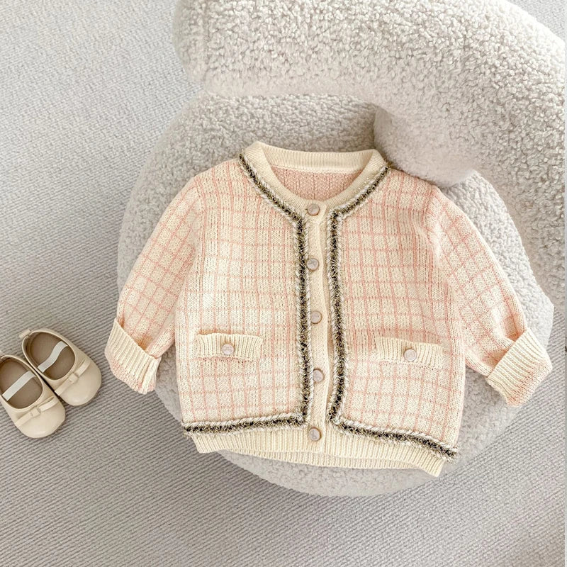 New autumn clothing for babies aged 0-3, featuring a plaid small fragrant style long sleeved sweater and jumpsuit