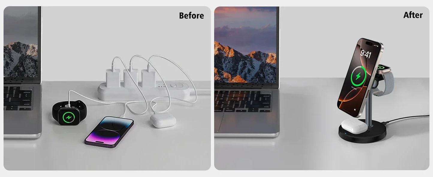 15W 3-in-1 Magnetic Wireless Charging Station For Magsafe iPhone 16 15 14 13 12 iWatch 10-2 SE AirPods Pro 4 Travel Fast Charger