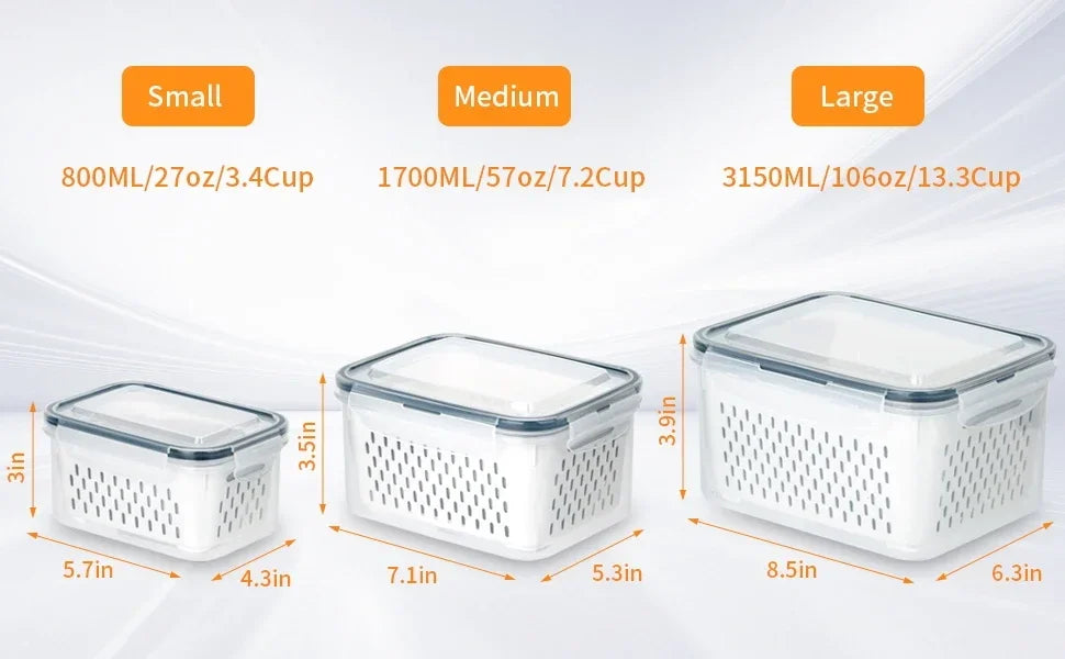 Fridge Food Storage Container Set with Lids with Strainer,Plastic Fresh Produce Saver Vegetable Fruit Meat Organizer