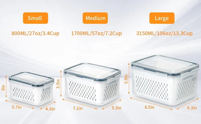 Fridge Food Storage Container Set with Lids with Strainer,Plastic Fresh Produce Saver Vegetable Fruit Meat Organizer