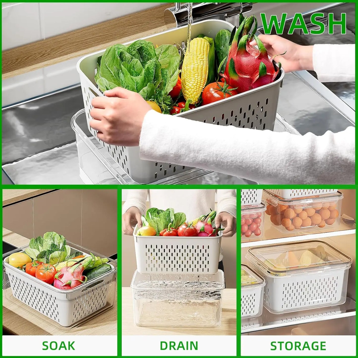 Fruit Storage Containers for Fridge with Removable Colander, Airtight Food Storage Container, Dishwasher Safe Produce Saver