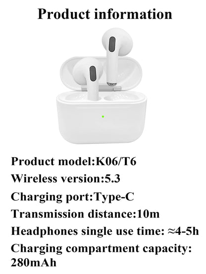 Wireless EarBuds Headphones Fake AirPods with 3 Mic/Space Voice/Shared Audio TWS 5.3 in-Ear Hi-fi Stereo For Iphone