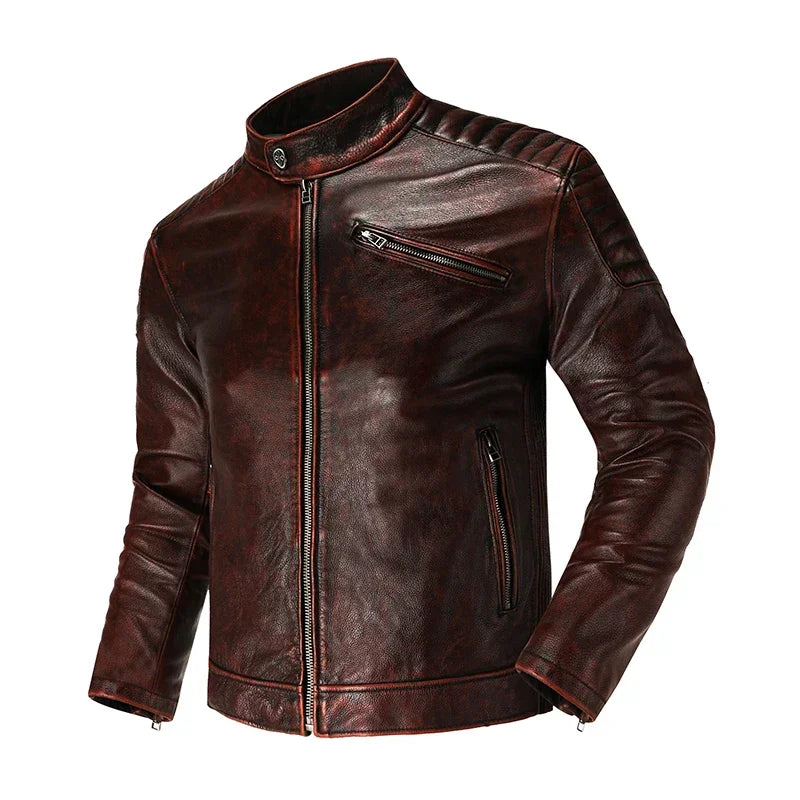 Copersian Men's Genuine Leather Jacket Natural Cowhide Hunting Jacket  Retro Motorcycle Jacket Spring Autumn Mens Clothes