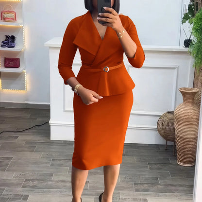 Elegant Office Dresses for Woman V Neck Full Sleeve Belt Waisted Sheath Package Hips Mid Calf Formal Business Work Wear Gowns OL