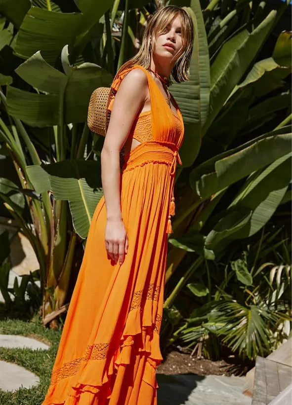 canwedance Summer Beach Dress Sleeveless Cotton Maxi Dresses Boho Style Solid Color Lace Ruffled Sundress Mujer Vestidos