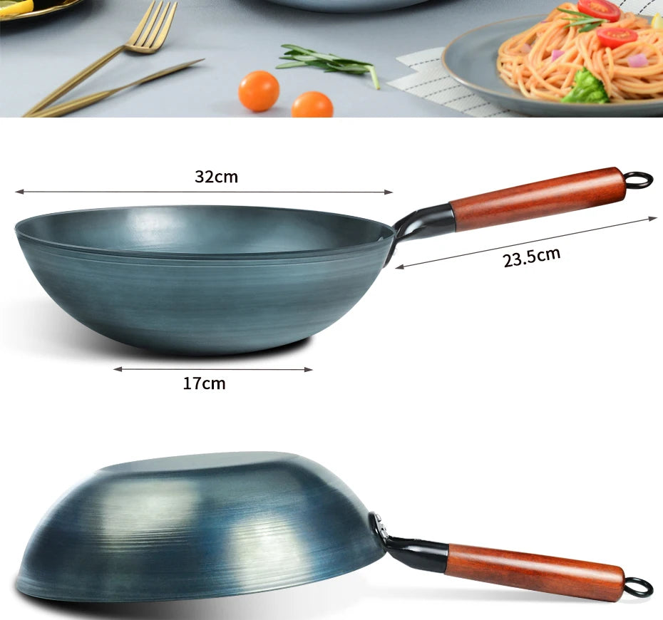 Flat Bottom Wok Pan 13.5" Woks and Stir Fry Pans Blue iron Cookware Traditional Chinese Cookware for Electric Induction Cooktops