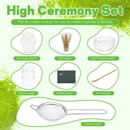 7Pcs Matcha Whisk Set Clear Glass Japanese Matcha Tea Set Matcha Making Kit with 500ml Matcha Bowl Matcha Cup Matcha Whisk