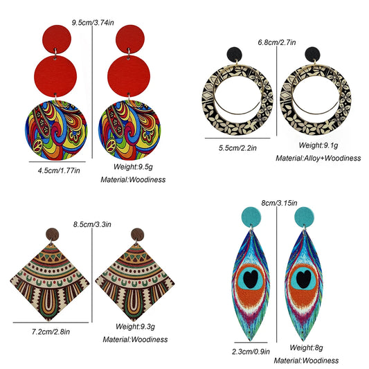 Bohemian Ethnic Big Colorful Painted Wooden Earrings for Women Creative Design Geometric Statement Dangle Earring Female Jewelry