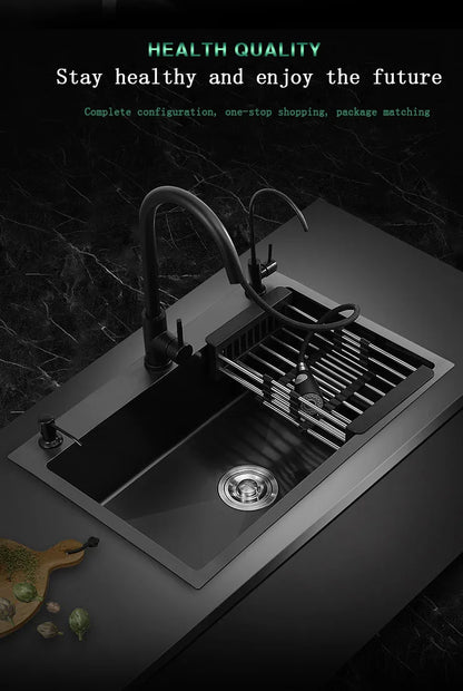 kitchen sink Black nano-sink single-slot household hand-washing basin kitchen large 304 stainless steel sink sink bowl