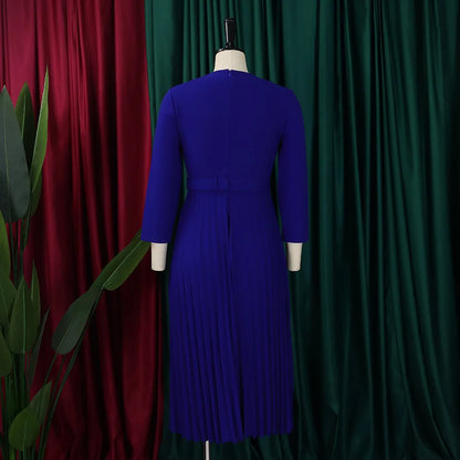 Office Dresses for Women V Neck Full Sleeve Belt Waisted Pleated Mid Calf Elegant Female Business Work Wear Dress Midi Cloth New