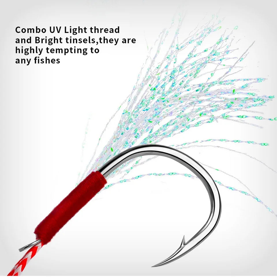Fishing Hooks 11#-20# Assist Hooks Single Jig Fishhook With Thread Feather Luminous Barbed Hook Sea Hook For Fishing Lure