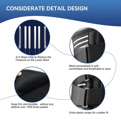 Back Brace with Lumbar Pad,6 Flexible Support,Back Brace for Men Lower Back,Lightweight Back Brace for Lower Back Pain