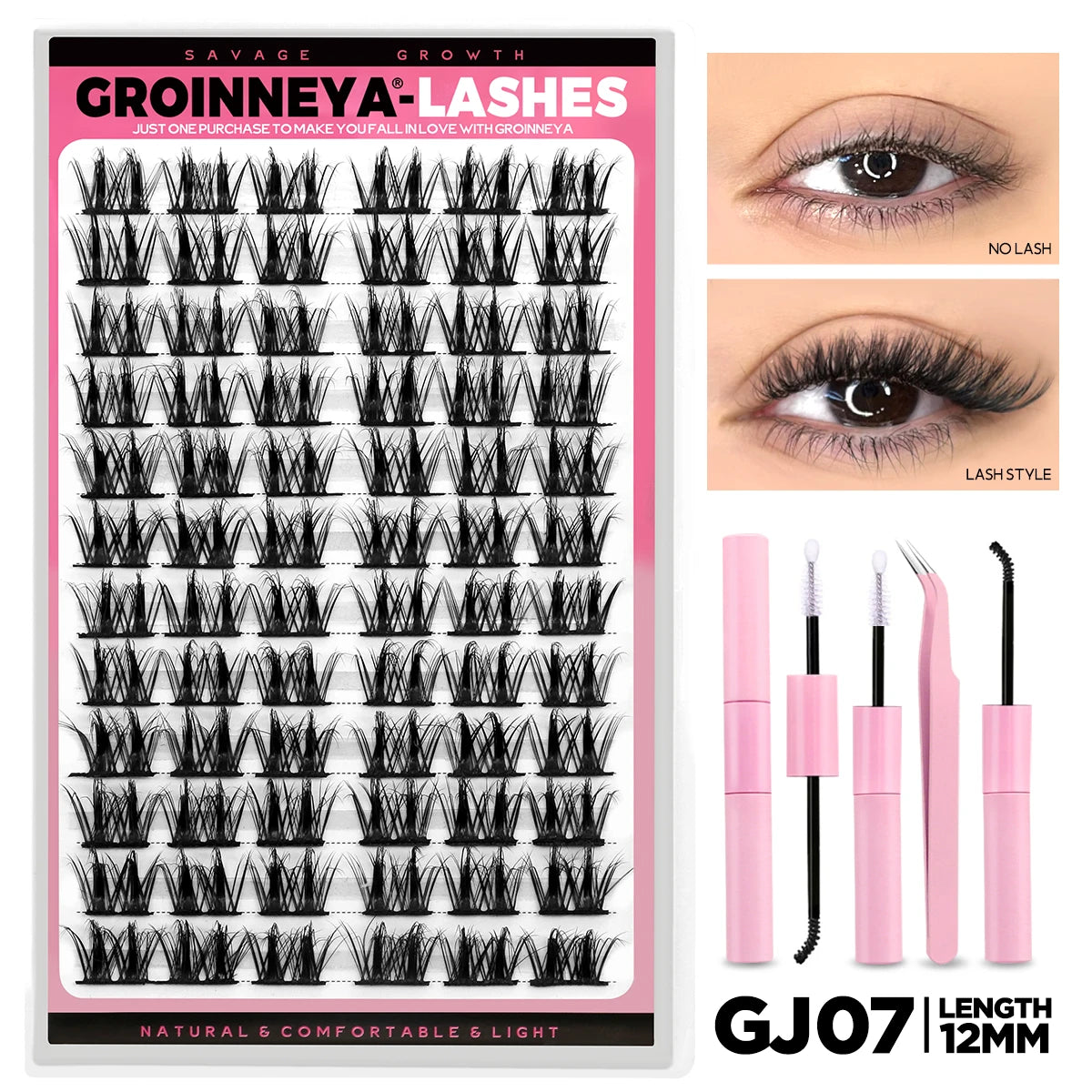 GROINNEYA Lash Clusters Kit DIY Lash Extension Volume Waterproof Individual Lashes Clusters Kit Lash Bond & Seal & Lash Tweezers