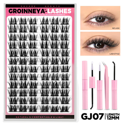 GROINNEYA Lash Clusters Kit DIY Lash Extension Volume Waterproof Individual Lashes Clusters Kit Lash Bond & Seal & Lash Tweezers