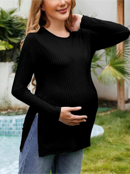 Spring New Maternity Clothes Round Neck Solid Color Slit Long Sleeve Base T-shirt Tops For Pregnant Women Maternity Wear