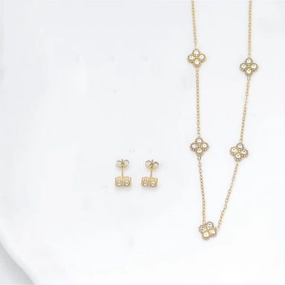 316L Stainless Steel Zircon Splicing Golden Flowers Necklace Earrings Women Girl Set New Trend Non-fading Jewelry Suit