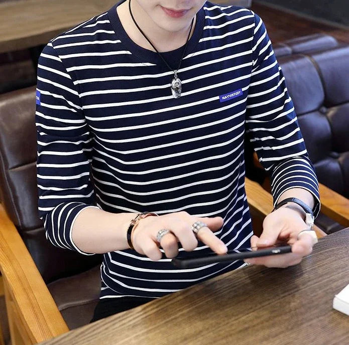 T Shirts for Men Stripe Tops Red Cotton Male Clothes Round Neck Harajuku Fashion Sale High Brand Regular Fit It Full Sleeve Tee