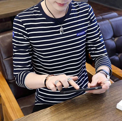 T Shirts for Men Stripe Tops Red Cotton Male Clothes Round Neck Harajuku Fashion Sale High Brand Regular Fit It Full Sleeve Tee