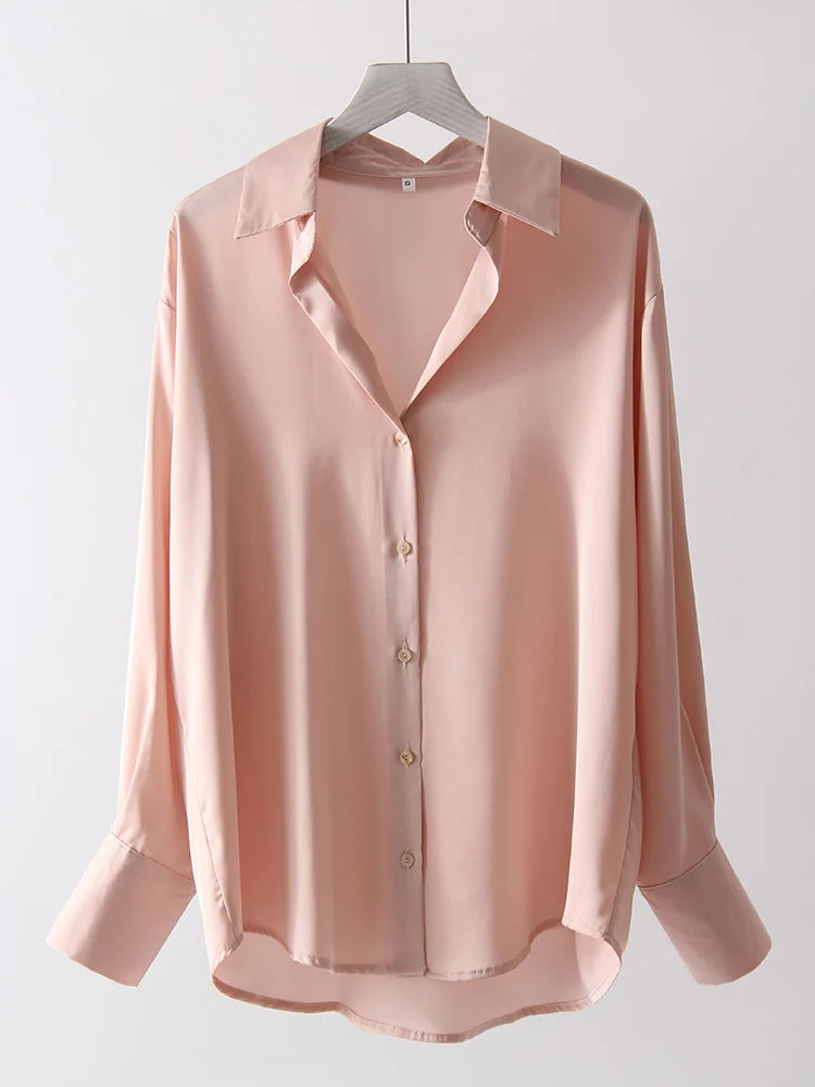 Office Wear Women Shirts Satin Blouse Luxury Pink Long Sleeve Formal Shirts Female Button Silk Tops For Women Elegant All-Match