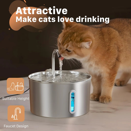 Cat Water Fountain Stainless Steel: 74oz/2.2 L Cat Fountain for Drinking - Automatic Pet Water Fountain for Cats Inside - Metal