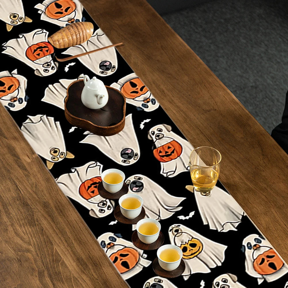 Ghost Dog Table Runner Halloween Lantern Pumpkin Bat Kitchen Dining Table Decoration Kitchen Dining Table Decor Washable