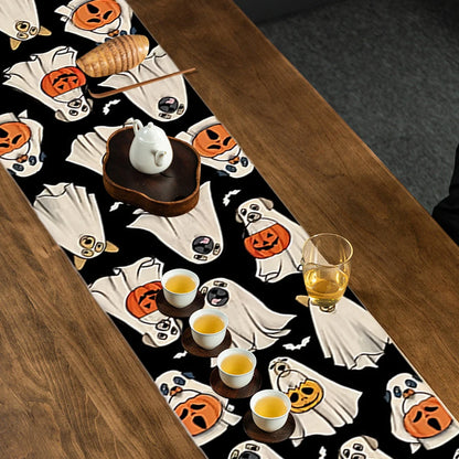Ghost Dog Table Runner Halloween Lantern Pumpkin Bat Kitchen Dining Table Decoration Kitchen Dining Table Decor Washable