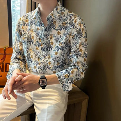 Fashion Brand Handsome High-end Slim Long-sleeved Floral Shirt for Men's New Casual and Trendy Temperament