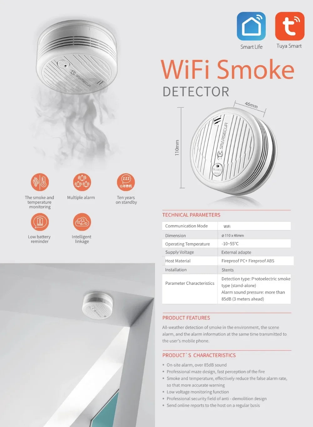 Alarmest Wifi Smoke Detector Smoke Sensor Highly Sensitive For smart Life app control Power by Tuya